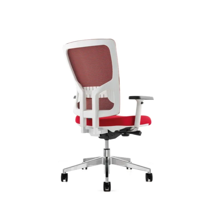 Back view of a COOL office chair with red mesh back and seat, and white frame.