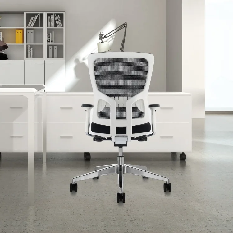 Back view of a COOL office chair with white frame and mesh back.