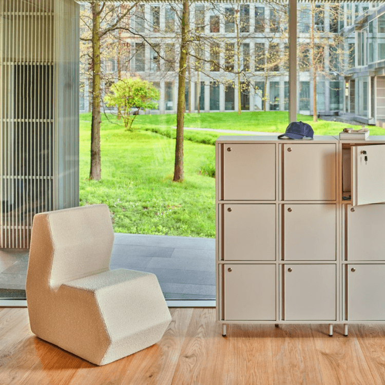 Beige Shape pouf with a backrest, ergonomic design, ideal for social spaces.
