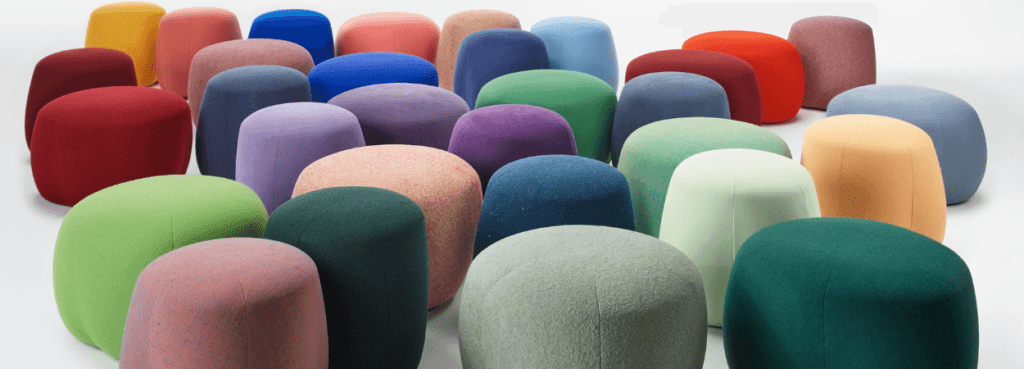 Colorful Truffle Pouf seating. Modern, soft, and stable poufs for agile workspaces and lounge areas.