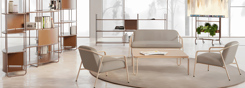 Modern living room featuring the modular R_9 Bookcase with curved shelves and metal frame, plus sofa and chairs.