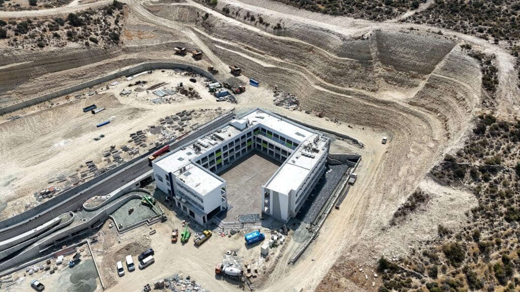 Pascal International School, Limassol construction site. Aerial view of the project under delivery.