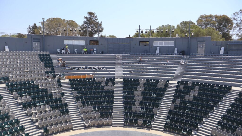 Patticheio Municipal Theatre, Larnaka, ongoing renewal. Seats and workers are visible.