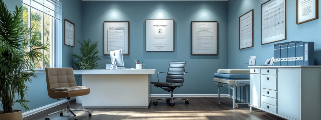 Clinic office with commercial-grade cabinets. Modern design with a desk, chairs, and medical examination table.
