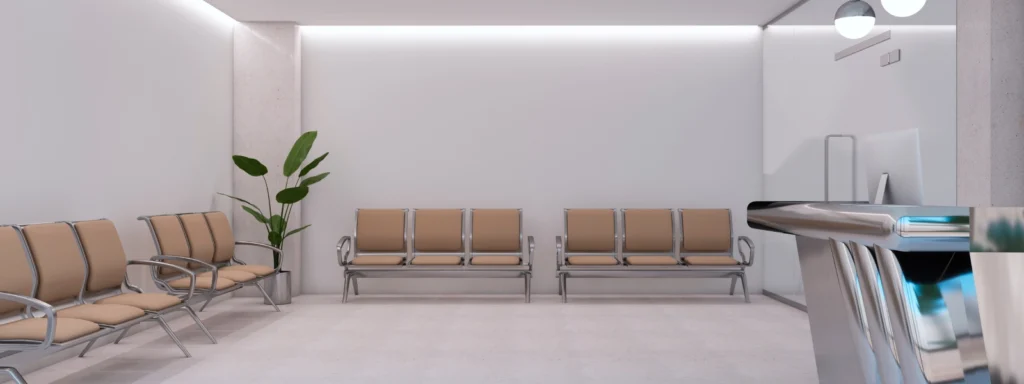 Healthcare furniture: Waiting area with seating and reception desk in Cyprus.