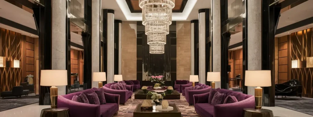 Hotel furniture in Cyprus. Luxurious hotel lobby with purple sofas and a chandelier.