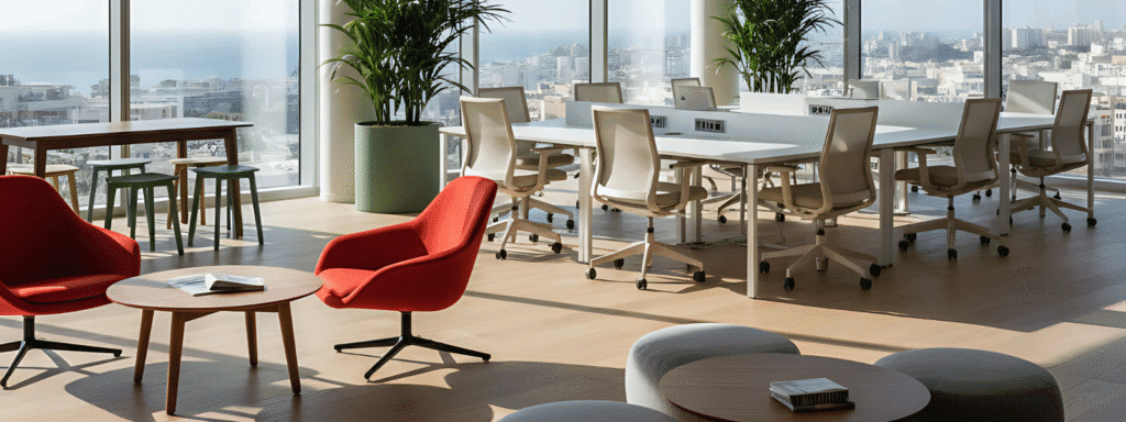 Office interior featuring fabric chairs, desks, and plants, highlighting how material choice impacts office well-being.