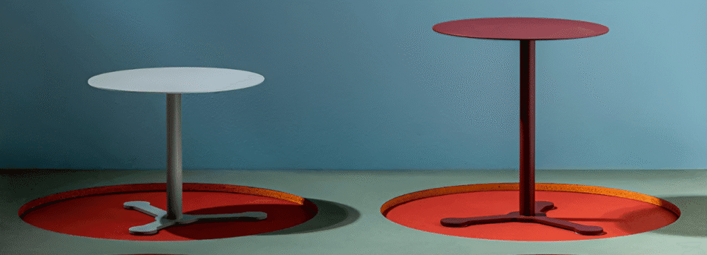 Minimalist AUTO-DRAFT tables in white and red. Modern metal side tables for home or office.