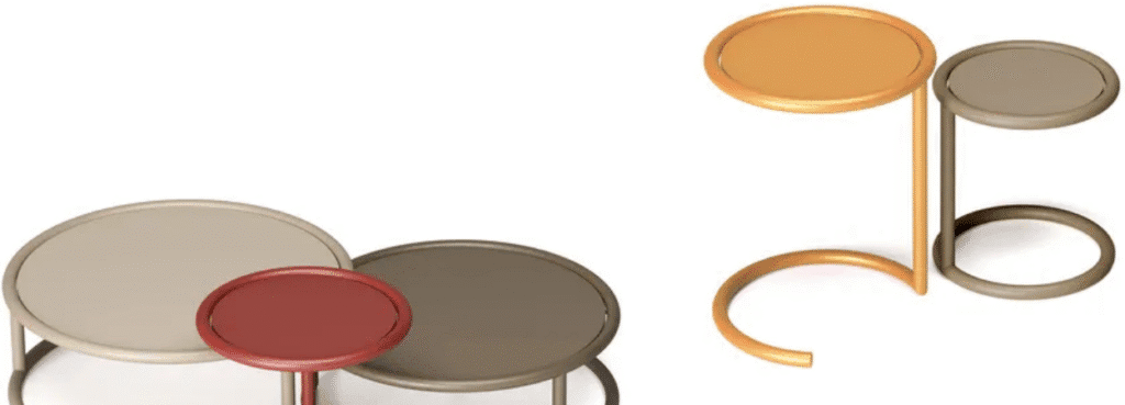 AUTO-DRAFT tables: Round metal side tables in various heights and neutral colors. Modern style.