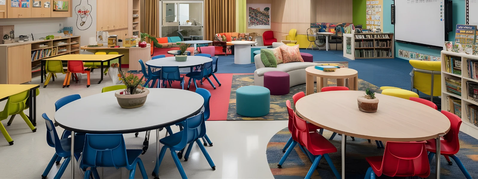 A child-friendly classroom in Cyprus with colorful tables and chairs for a vibrant learning environment.