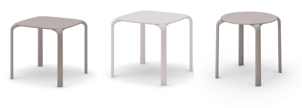Three Drop Tables in polypropylene. One round, two square, in taupe and white. Bistro style, stackable.