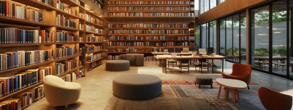 School Library interior with modular furniture in Cyprus. Bookshelves and study areas.