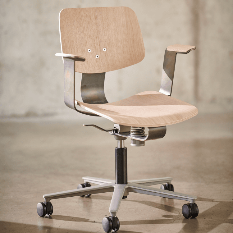 Ergonomic WiChair task chair. FSC-certified wood and steel support motion, creativity, and posture. Perfect for home, studio, or learning.