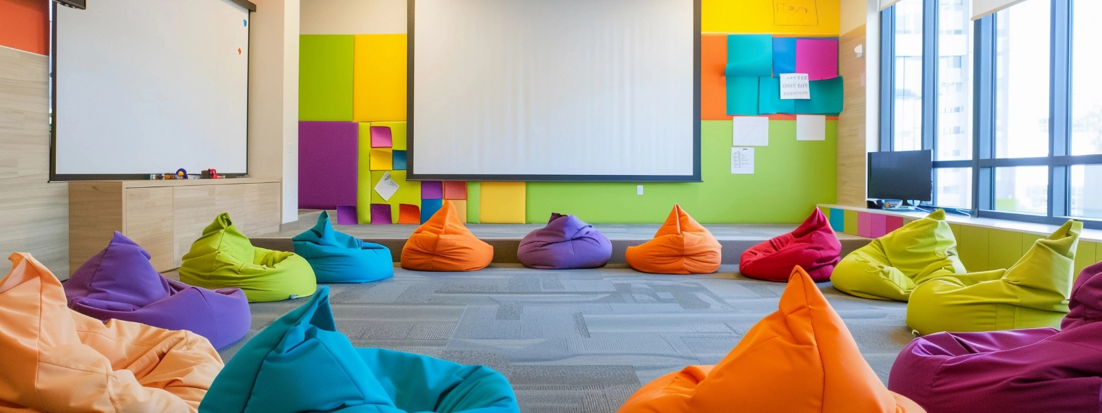K-12 collaborative learning space with colorful beanbag chairs and a projector screen for flexible school library designs.