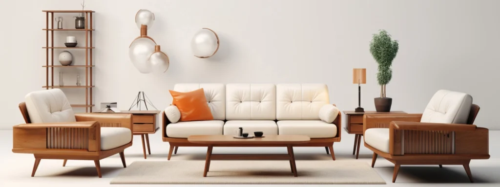 Adaptive furniture: Mid-century modern living room setup with sofa, chairs, and wooden accents for productivity and collaboration.