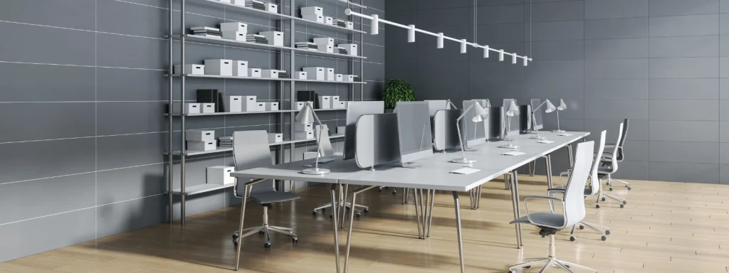 Modern workspace featuring metal office furniture in Cyprus, with desks, chairs, and shelving for practical organization.
