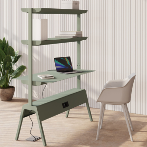 Σύγχρονο σύστημα Crossover της Steelbox σε πράσινο χρώμα. Διαθέτει ράφια, γραφείο και πρίζες. Ιδανικό για ευέλικτους χώρους εργασίας.