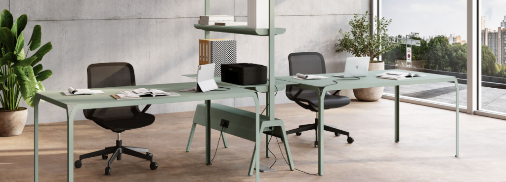 Crossover System by Steelbox in light green. Modern modular office furniture with desks, shelves, and chairs.