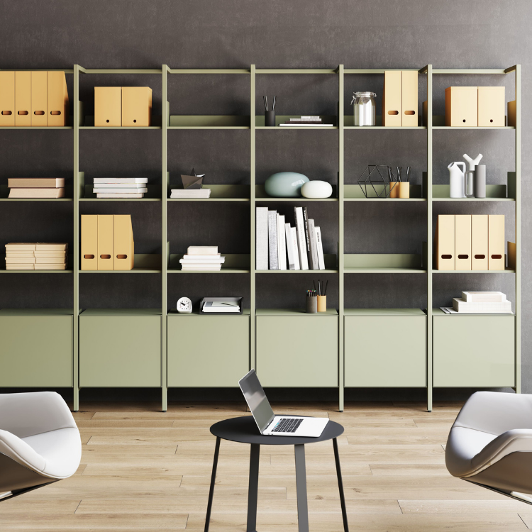 AUTO-DRAFT Mikai Bookshelf: Sage green frame, filled with files and books. Modern style, eye-level shot.