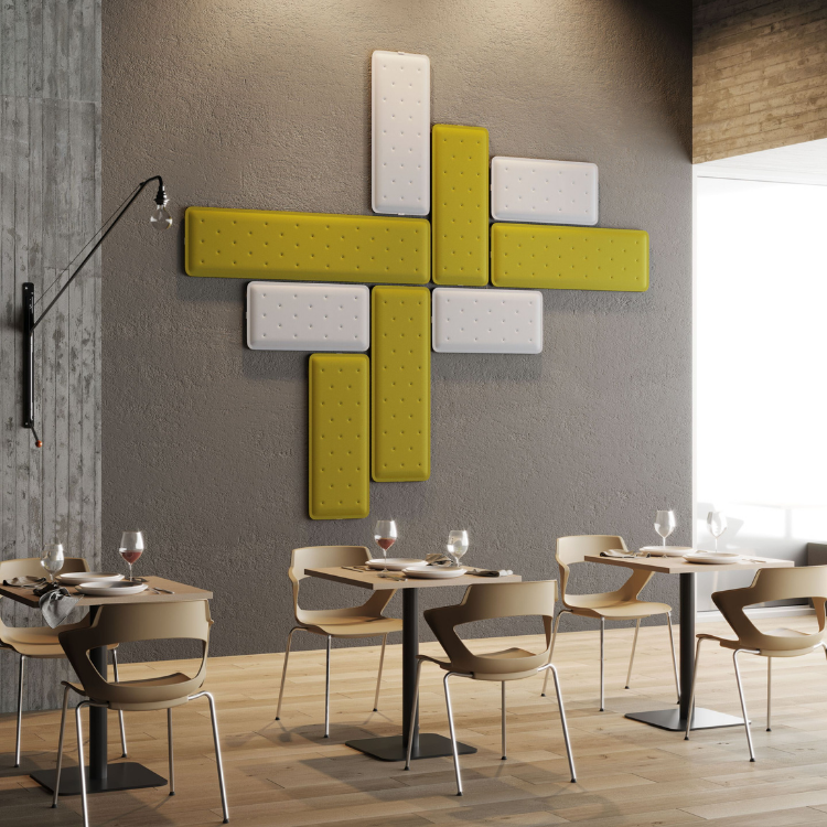 Stylish Zen Soundshaper Acoustic Panels by Steelbox in yellow and white. Modular sound dampening for modern office spaces.