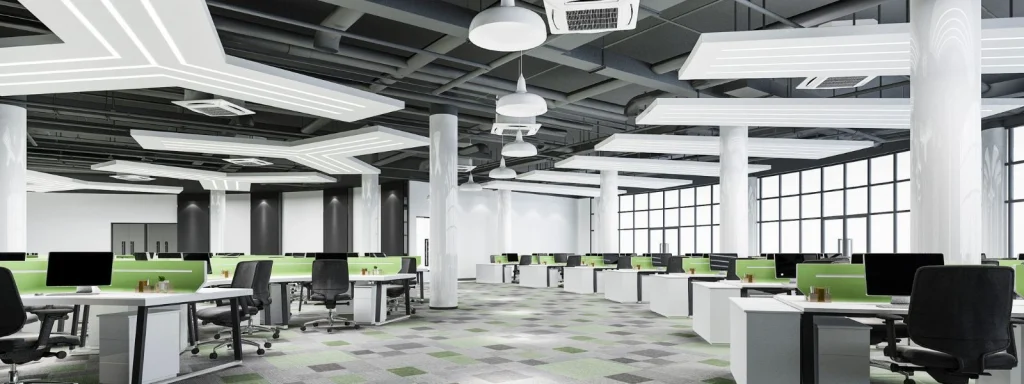 Organising office furniture: Open office layout with desks, chairs, and computer screens for better productivity and space efficiency.