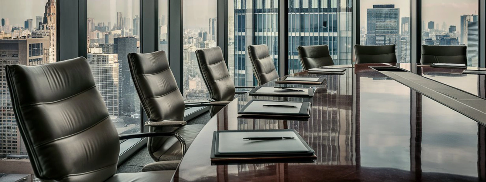 Conference room with ergonomic office chairs, designed for comfort during long hours, overlooking a city skyline.