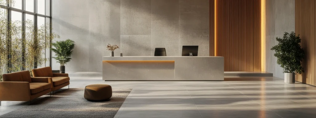 Професійна приймальня з сучасною обстановкою у залі очікування, що включає елегантний стіл, зручні крісла та природне освітлення.