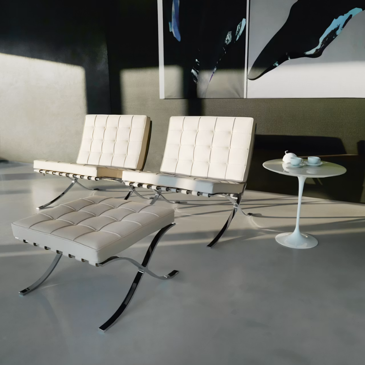 Barcelona Stool with white tufted leather cushion and polished chrome frame in a modern interior setting.