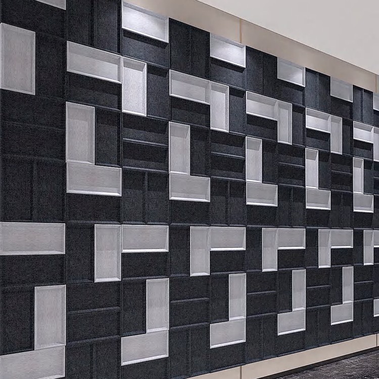 Dark charcoal and light grey Brick Mosaic acoustic wall tiles creating a geometric 3D masonry effect.