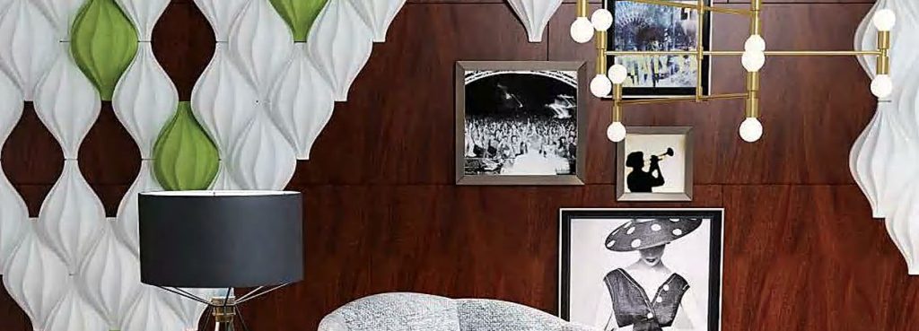 Feather Flow teardrop-shaped 3D acoustic panels with ribbed white and lime green lobes on a dark wood wall.