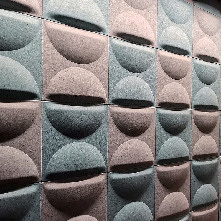 Harmony Duo acoustic wall featuring a repeating pattern of raised and inset semicircular PET felt shapes in blue-grey.