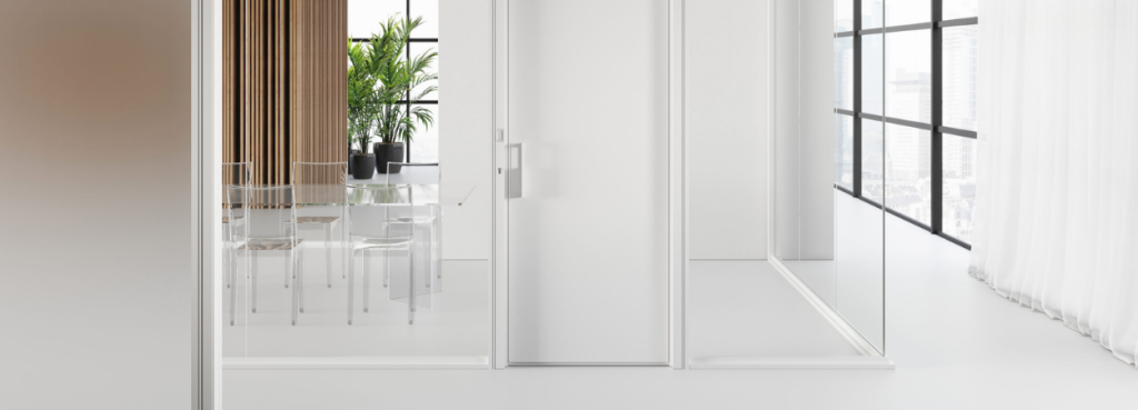 Infinity partition featuring a solid white door centered between clear glass panels and textured wood accents.