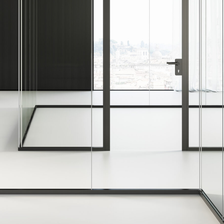 Mood M2 double-glazed glass partition with minimal black frames and modern interior design.