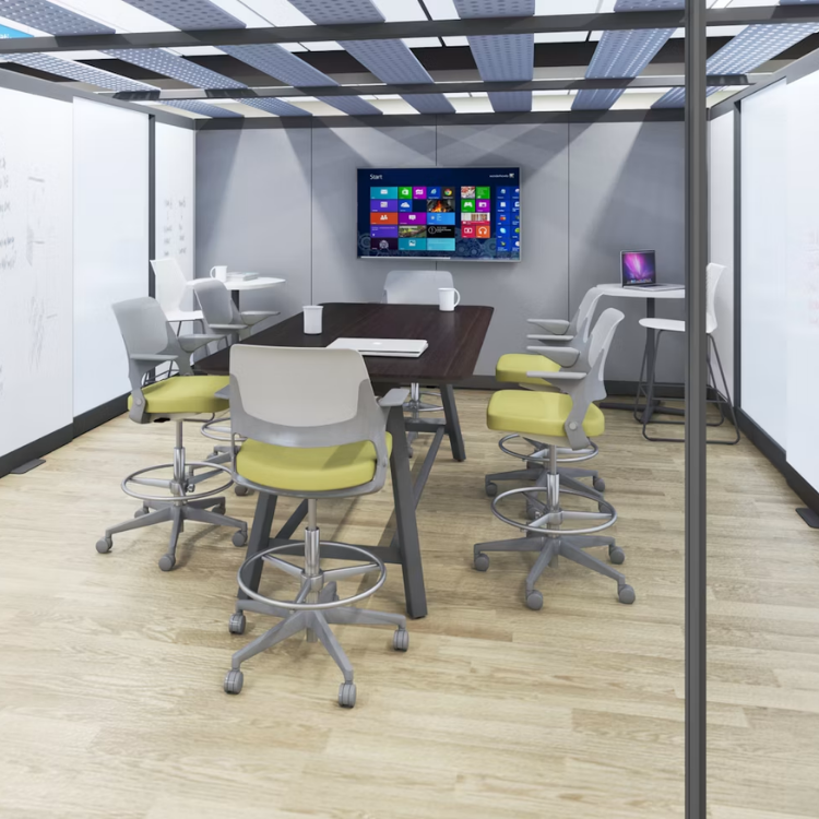 Contemporary Ollo Stool with light grey frame and yellow cushioned seat in a modern office meeting room setting.