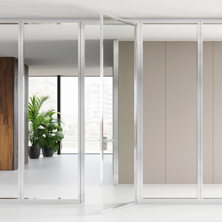 Over modular glass and wood partition wall system with a sleek aluminium frame in a modern office space.