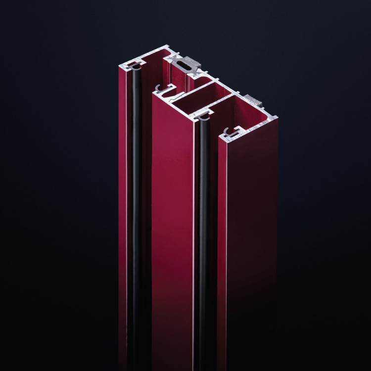 Close-up of the Silence Fire-Resistant System partition profile showing its sleek red metallic structure.