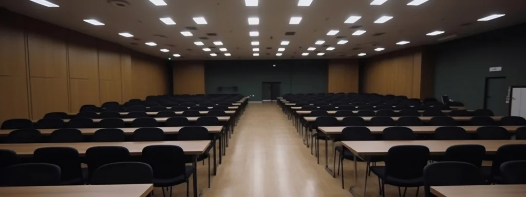 Spacious lecture room with rows of wooden desks and black chairs arranged for effective learning.