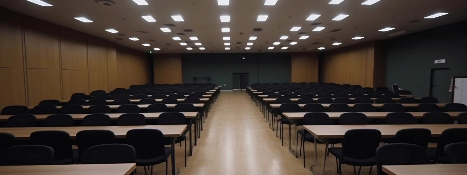 Spacious lecture room with rows of wooden desks and black chairs arranged for effective learning.