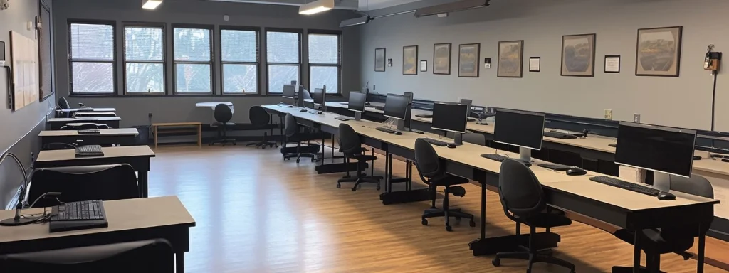 Modern office workspace with rows of computer desks, ergonomic chairs, and large windows in a bright, flexible layout.