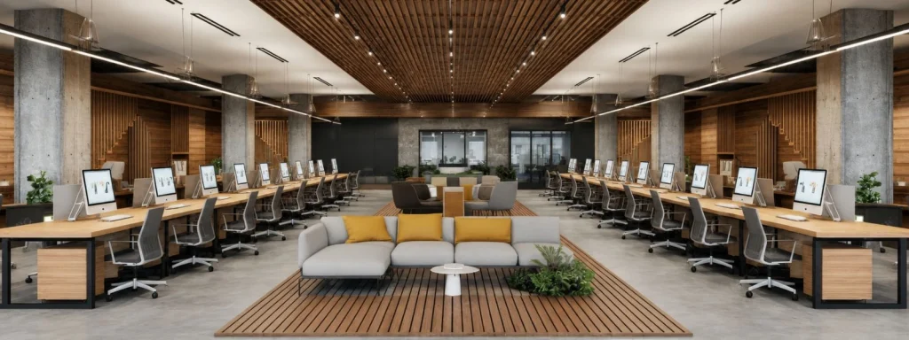 Modern open-plan office with acoustic wooden ceiling panels, long workstations, and a central lounge area for productivity.