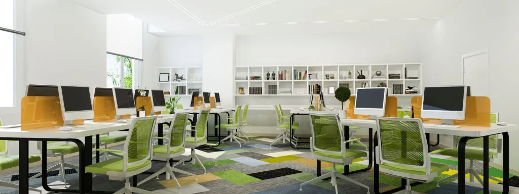 Modern open-plan office with activity-based workstations, white desks, green chairs, and colorful geometric carpet tiles.