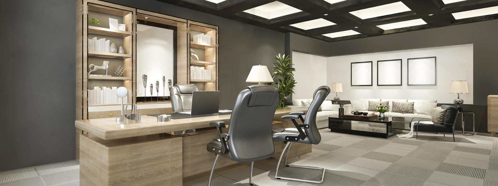 Modern executive office furniture with light wood desk, leather chairs, and integrated shelving in a contemporary space.